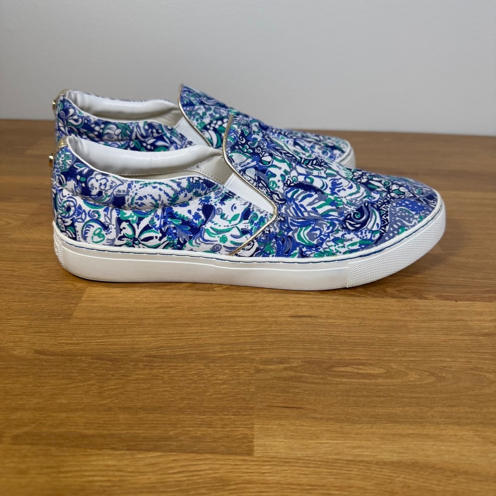 Lilly Pulitzer Blue Green Paisley Slip On Sneakers Metallic Gold Trim 001293 9